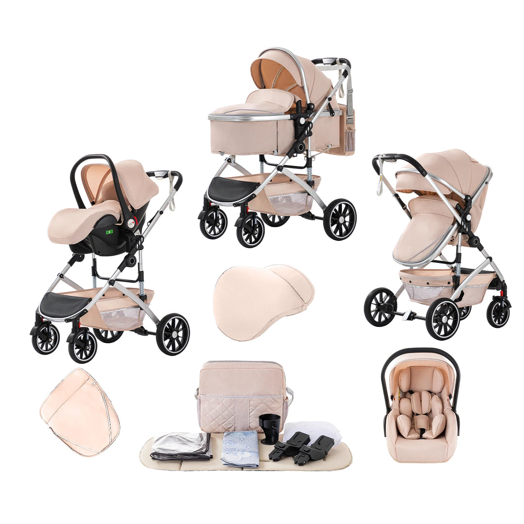 Luxurious 3 in 1 Portable Baby Stroller High Backrest Travel Carriage for Infants with Car Seat Travel