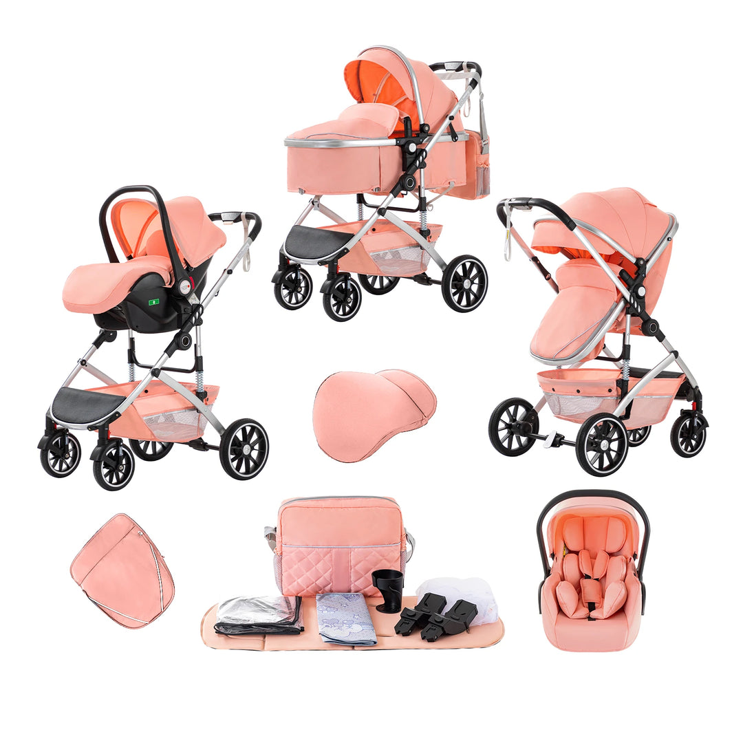 Luxurious 3 in 1 Portable Baby Stroller High Backrest Travel Carriage for Infants with Car Seat Travel