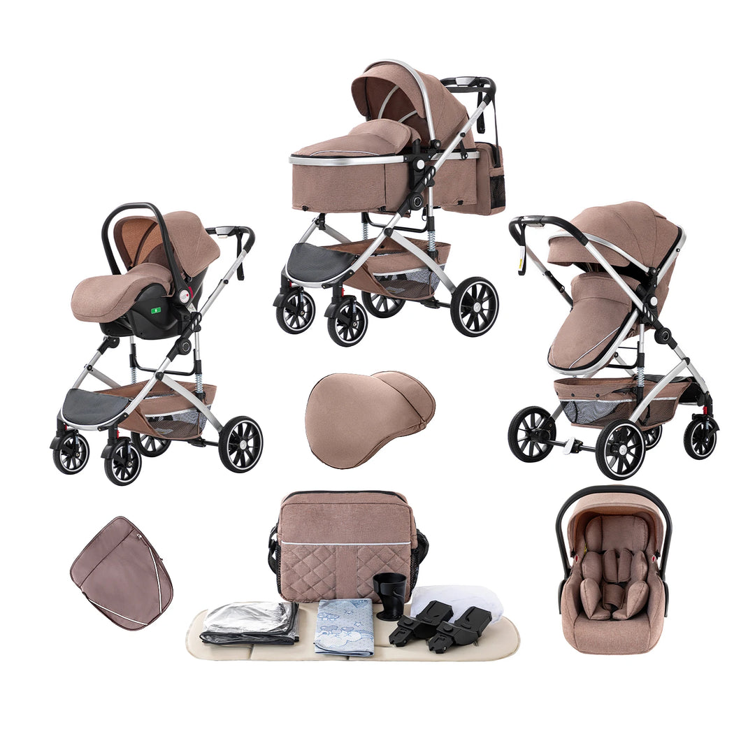 Luxurious 3 in 1 Portable Baby Stroller High Backrest Travel Carriage for Infants with Car Seat Travel